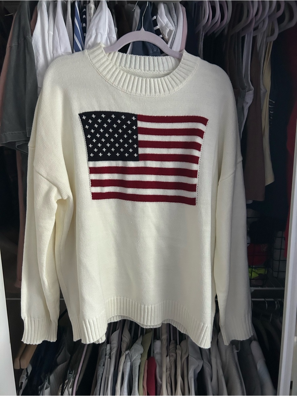 Cream Crewneck Sweater with Flag Motif